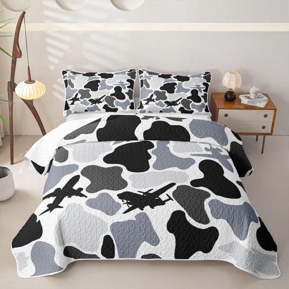 Erosebridal Gray Plane Camouflage Quilt King for Boys Men, Black White Aircraft Print King Coverlet Set, 3 Pieces
