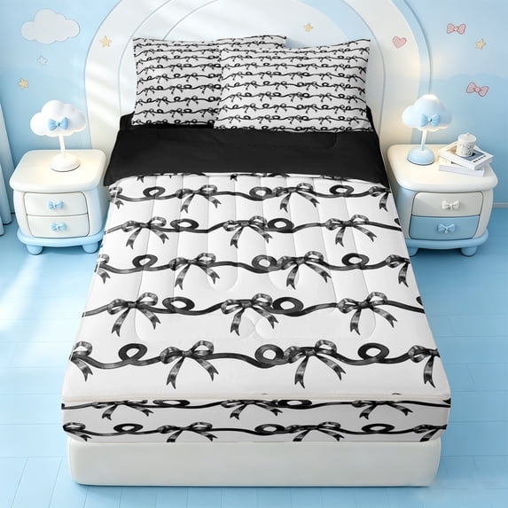 Erosebridal Gray Ribbon Strip Zipper Queen Comforter Set with Fitted Sheet and 2 Pillowcases,Cartoon Bow Zipper Bedding Set For Girls,Black Reversible,4-Piece