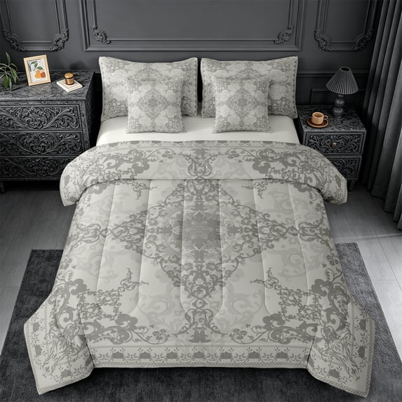 Erosebridal Gray Victorian Flower 7-Piece Bedding Comforter Set,Gothic Damask Theme King Bedding Sets For Adult,Reversible lightgray