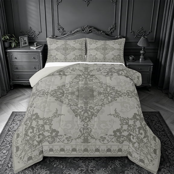 Erosebridal Gray Victorian Flower Queen Comforter Set,Gothic Damask Theme Bedding Comforter Set For Adult,Reversible lightgray,3pcs
