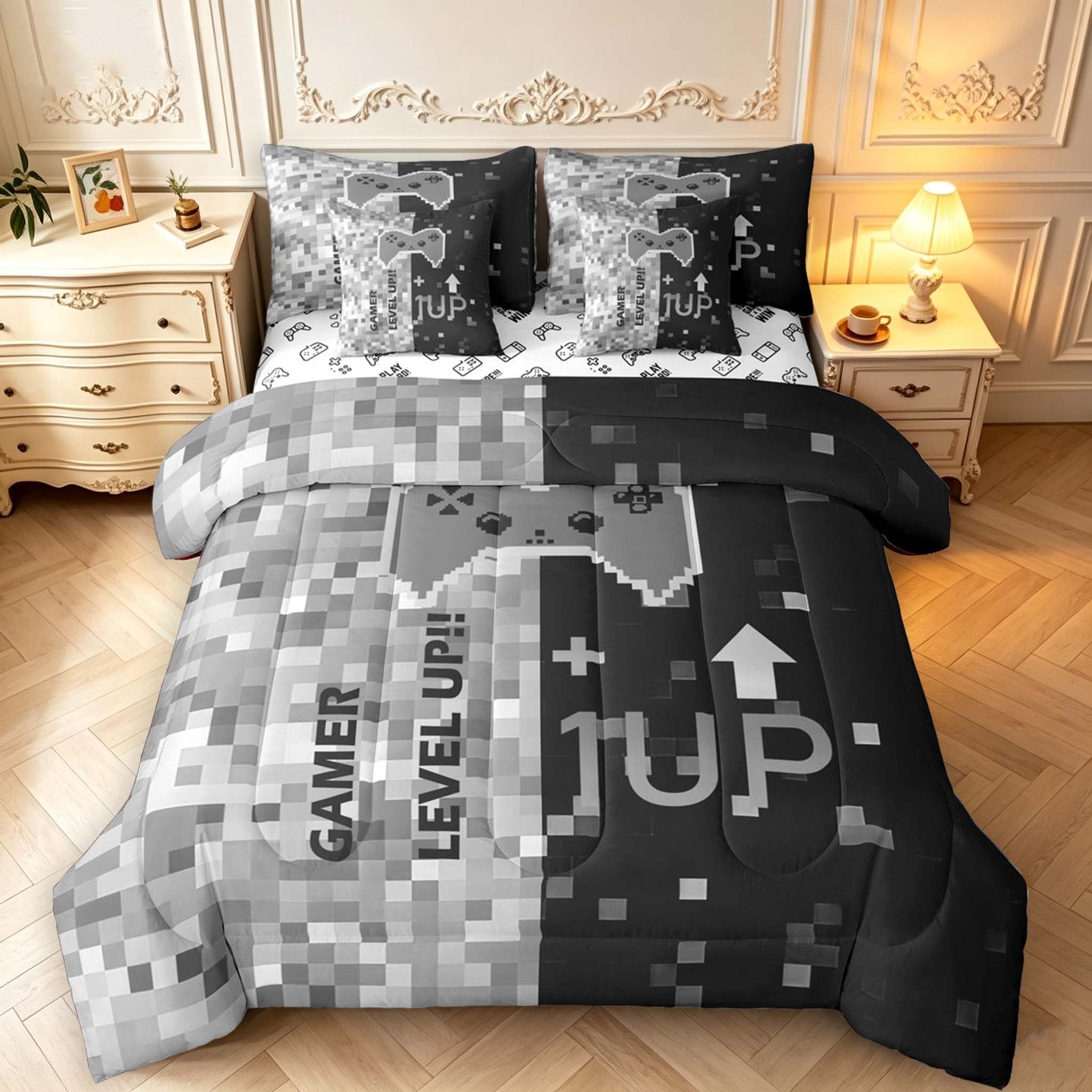 Erosebridal Gray Warm Game 7-Piece King Bedding,Black White Pixel ...