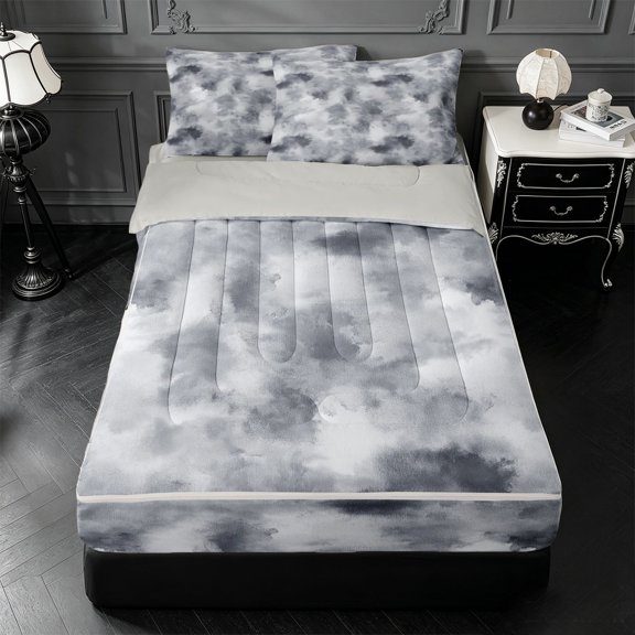 Erosebridal Gray Watercolor Zipper Twin Comforter Sets with Fitted Sheet and 2 Pillowcases,Gray Black White Zipper Bedding Set For Girls,Light Gray Reversible,4pcs