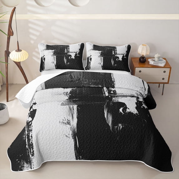Erosebridal Gray White Black Bed Spread Queen, Abstract Aesthetic Queen Coverlet Set, Black Reversible 3-Piece 1 Quilt and 2 Pillowcases