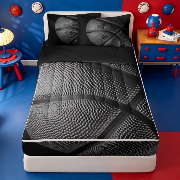 Erosebridal Grayscale Close Basketball Zipper Twin Comforter Sets with Fitted Sheet and 2 Pillowcases,Sport Ball Texture Zipper Bedding Set For Boys,Black Reversible,4 Pieces