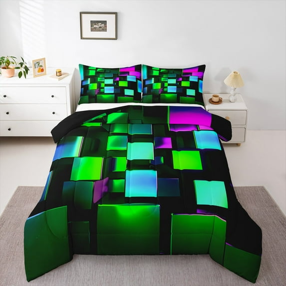 Erosebridal Greed Blue Check Comforter Sets Queen Size,Futuristic Cubes Comforters & Duvets,Stereoscopic Geometry Bedding Queen Comforter Set For Youth,Lightweight Room Decor Reversible,3-Piece