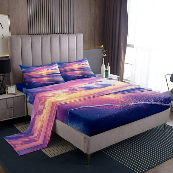 Erosebridal Ocean Beach Bed Sheets King,Sea Waves Bedding King Size,Summer Holiday Decor,Super Cozy,4pcs