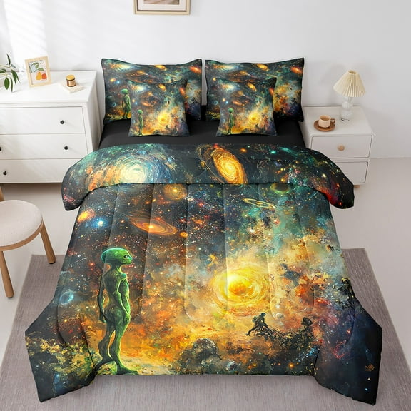 Erosebridal Green Alien Comforter Set with Sheets Galaxy Outer Space Bed in a Bag Outer Space Planet 7 Piece Bedding Set Twin Size Galaxy Universe Bed Set