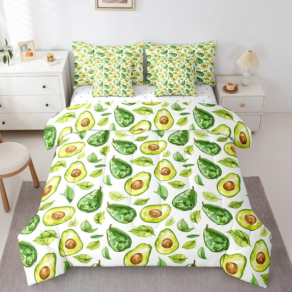 Erosebridal Green Avocado Bedding Sets Full Size, Cartoon Fruit Comforter Sets with Sheets, Leaf Plant Reversible Bedding Full Size, Microfiber Bedroom Decoration, 7 Pieces