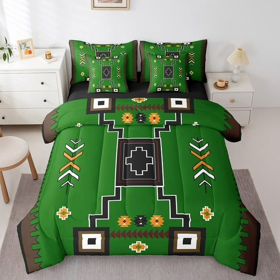 Erosebridal Green Aztec Bedding Sets Twin Size,Hippie Boho Comforter Sets with Sheets,Black Reversible,7pcs
