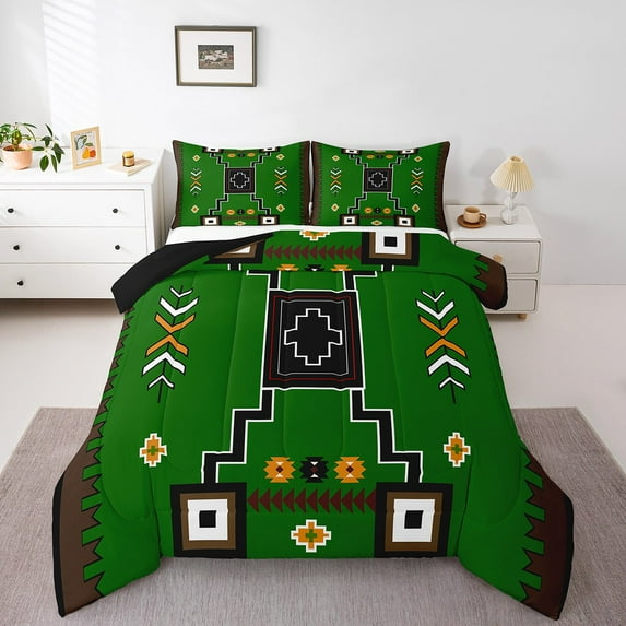Erosebridal Green Aztec Bedding Toddler Comforter Set,Hippie Boho Down Comforter,Black Reversible,2pcs