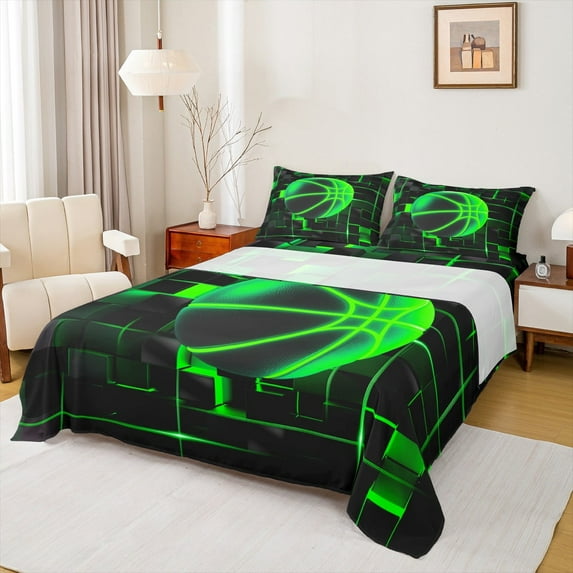 Erosebridal Green Basketball Bed Sheets Twin,Modern Geometric Grid Bedding Twin Size,Glowing Neon Light Sheet Set Twin For Teens,Breathable Room Decor,3 Pieces