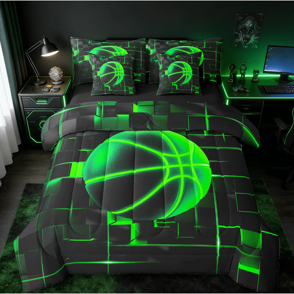 Erosebridal Green Basketball Bedding Sets Queen Size,Modern Geometric Grid Comforter Sets with Sheets,Glowing Neon Light Bed in a Bag Queen Size For Teens,Breathable Room Decor Reversible,7-Piece