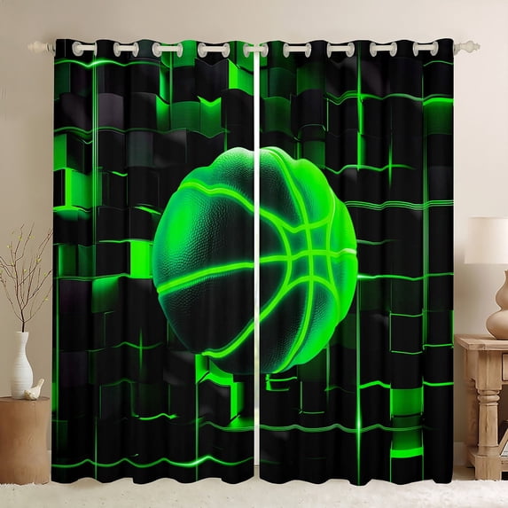 Erosebridal Green Basketball Curtains for Living Room,Modern Geometric Grid BlackoutCurtains Set of 2 (42x63),Glowing Neon Light Curtains and Drapes (42x63) For Teens,Breathable Room Decor