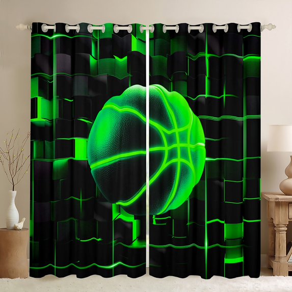 Erosebridal Green Basketball Curtains Pack of 2 (42x90),Modern Geometric Grid Black Out Curtains,Glowing Neon Light Curtains for Living Room For Teens,Breathable Room Decor