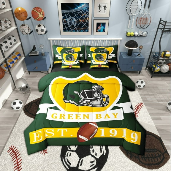 Erosebridal Green Bay Soccer City Bed in a Bag, American Football Bed Set, Vintage Rugby Reversible Comforter Sets, Microfiber Room Decorative, 7pcs