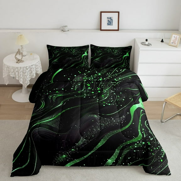 Erosebridal Green Black Bedding Sets King with Comforter,Abstract Stone Texture Duvet Insert,Modern Aesthetic Comforter Sets King Size,Microfiber Bedroom Decor Reversible,3pcs