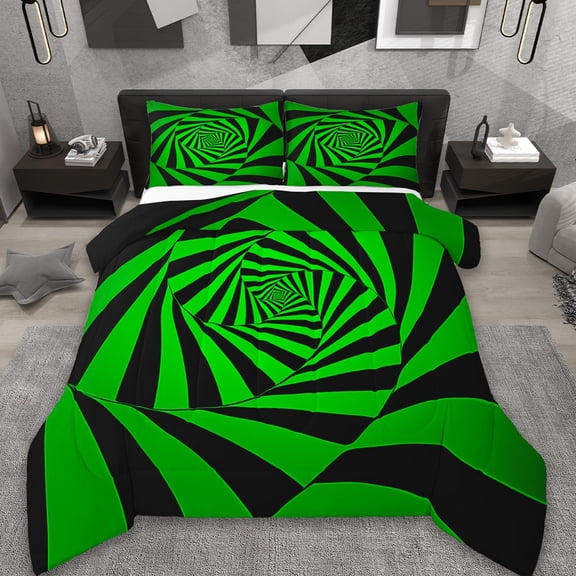 Erosebridal Green Black Spiral Bedding Sets Twin with Comforter,Ombre 3D Geometry Duvet Insert,Modern Abstract Art Comforter Sets Twin Size,Lightweight Bedroom Decorative Reversible,2 Pieces