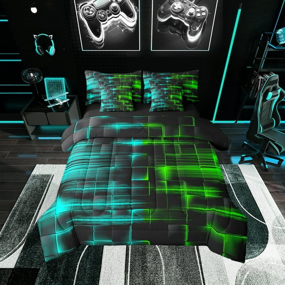 Erosebridal Green and Blue Comforter Set With Sheets7 piece Twin Size Geometric Bed in a Bag Geometry Strip Lines Bedding Set Abstract Art Bed Set with Comforter,Sheets,Pillowcases