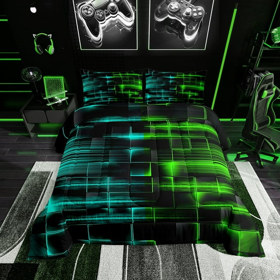 Erosebridal Green and Blue Comforter Set Twin Size Geometric Comforter Geometry Strip Lines Bedding Set Abstract Art Duvet Set Room Decor Quilt Set
