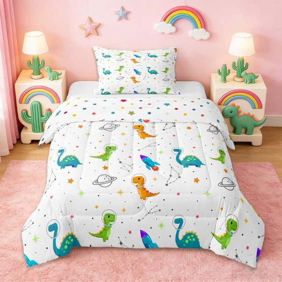 Erosebridal Green Blue Dinosaur Twin Comforter Sets,Colorful Cute Stars Bedding Set For Teens,Outer Space Theme, Reversible 2-Piece