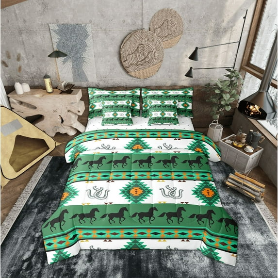 Erosebridal Green Boho Aztec Bed in a Bag Full Size, Southwestern Tribal Exotic Style Bed Set, Rustic Horse Bedroom Decor, Reversible 7-Piece
