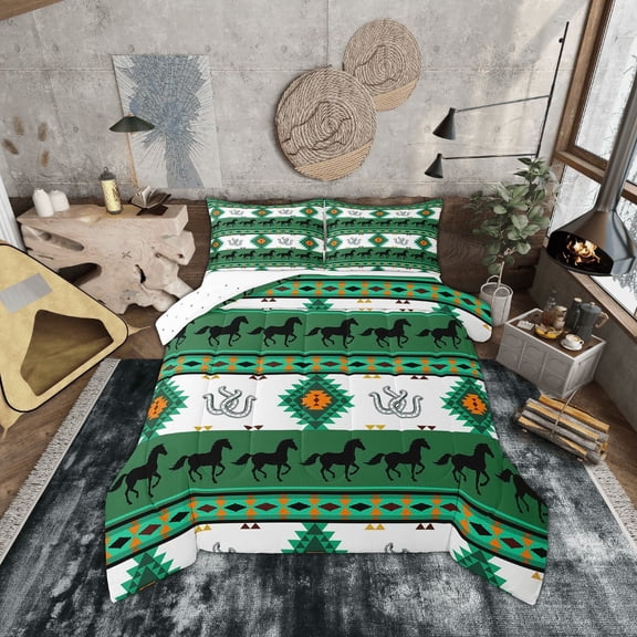 Erosebridal Green Boho Aztec Bedding Twin Comforter Set, Southwestern Tribal Exotic Style Down Comforter, Rustic Horse Bedroom Decor, Reversible 2-Piece