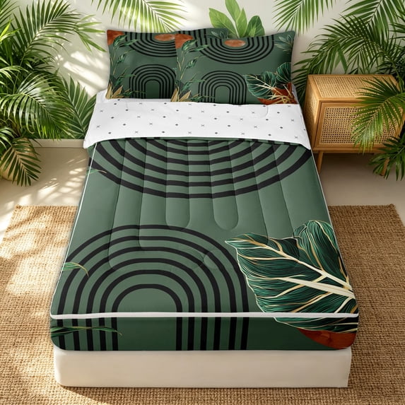Erosebridal Green Boho Leaf Zipper Full Size Comforter Sets with Fitted Sheet and 2 Pillowcases for Women Men, Minimalism Arch Line Abstract Zipper Bedding Set, Reversible, 4-Piece