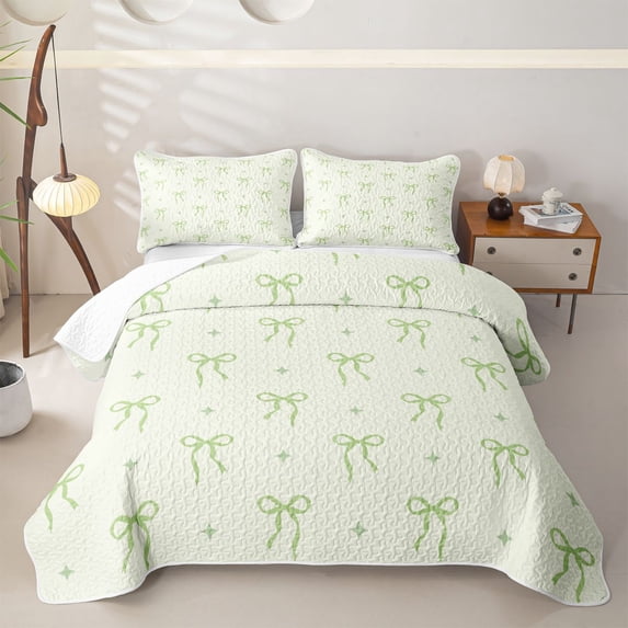 Erosebridal Green Bow Star Bed Spread Queen for Girls, Kawaii Bow-tie Queen Coverlet Set for Boys Girls Teens, 3-Piece