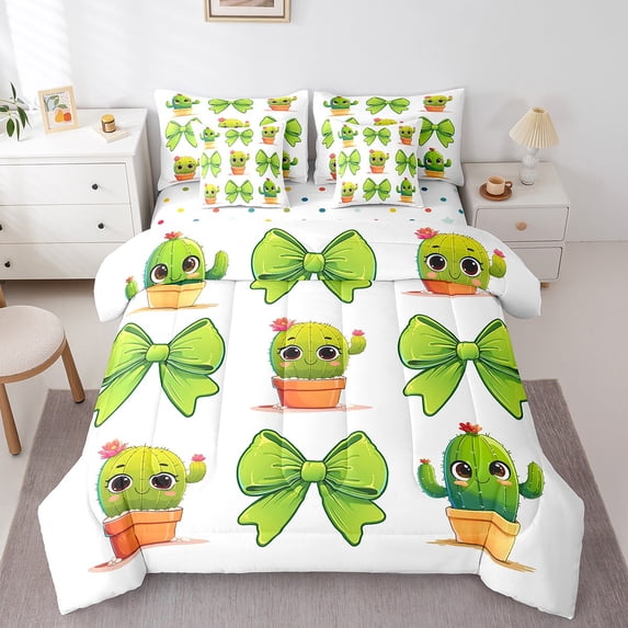 Erosebridal Green Bowknot Bedding, Kawaii Cactus Bed in a Bag, Cute Plant Reversible Bed Set, Super Cozy Room Decoration, 7 Pieces
