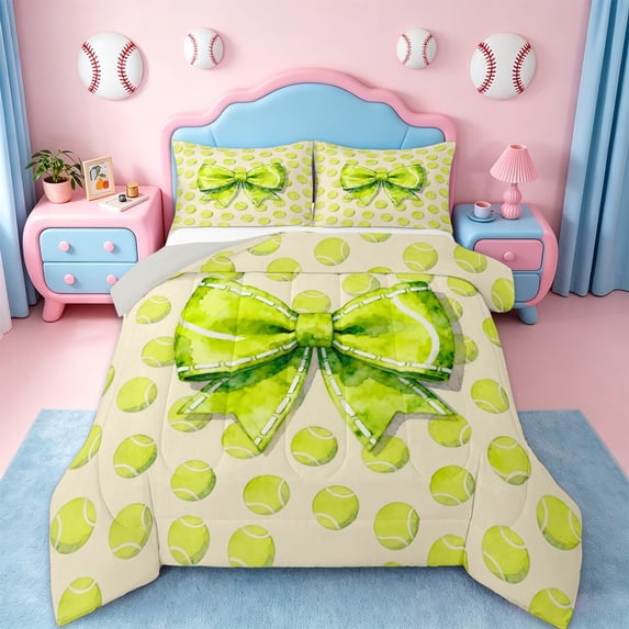 Erosebridal Green Bowknot Kids Queen Comforter Set,Tennis Sport Games Bedding Comforter Set For Ball Lover,Reversible lightgray,3 Pieces