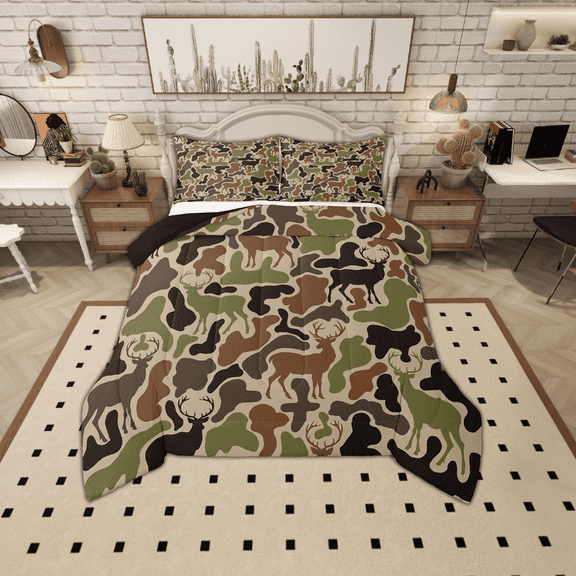 Erosebridal Green Brown Black Camo Bedding Sets Twin with Comforter, Military Camouflage Duvet Insert, Lightweight Comforter Sets Twin Size, Bedroom Decor, 2pcs