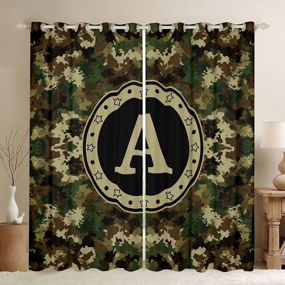 Erosebridal Green Brown Camouflage Black Out Curtains For Boys Teens,Personalized Initial A Curtains Pack of 2 (42x63 Each)