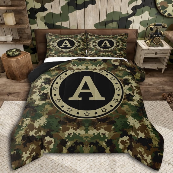 Erosebridal Green Brown Camouflage Full Size Comforter Sets 3 Pieces For Boys Teens,Personalized Initial A Bedding Sets,Black Reversible