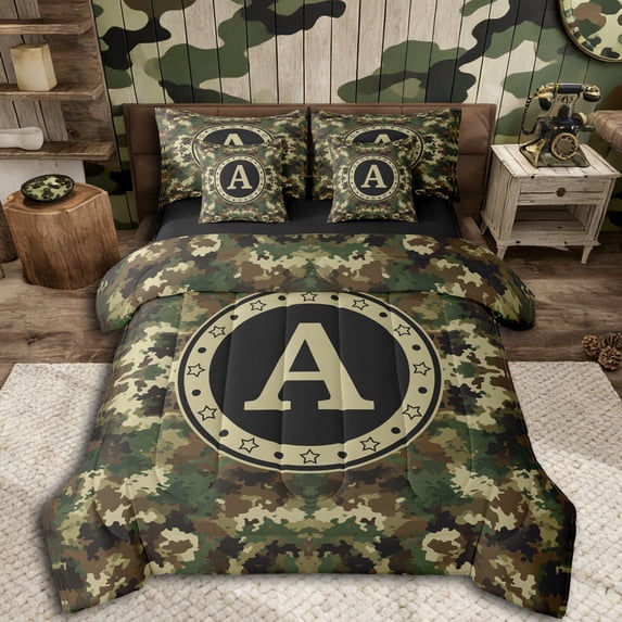 Erosebridal Green Brown Camouflage Twin Bedding Sets 7-Piece For Boys Teens,Personalized Initial A Bedding Comforter Set,Black Reversible