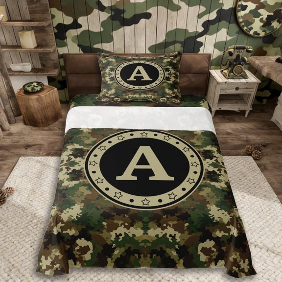 Erosebridal Green Brown Camouflage Twin Sheet Sets 3pcs For Boys Teens,Personalized Initial A Bedding