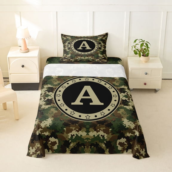 Erosebridal Green Brown Camouflage Twin Sheet Sets 3pcs For Boys Teens,Personalized Initial A Bedding