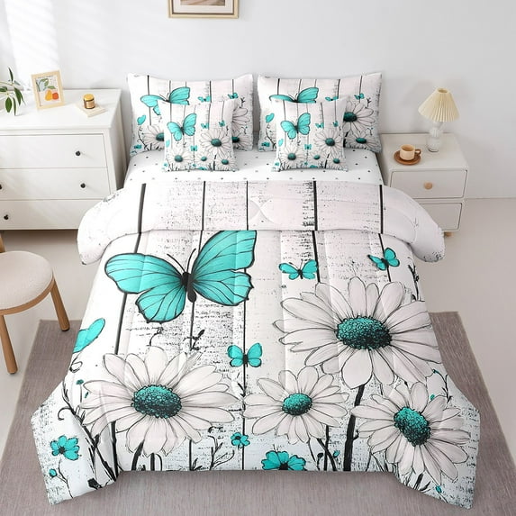 Erosebridal Green Butterfly Flower Bedding Queen Size,Lodge Cabin Bed in a Bag Queen size,Teens Bedroom Decor,Reversible,Lightweight,7 Pieces