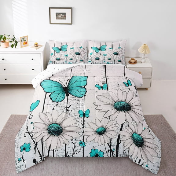 Erosebridal Green Butterfly Flower Bedding Twin Comforter Set,Lodge Cabin Down Comforter,Teens Bedroom Decor,Reversible,Lightweight,2-Piece
