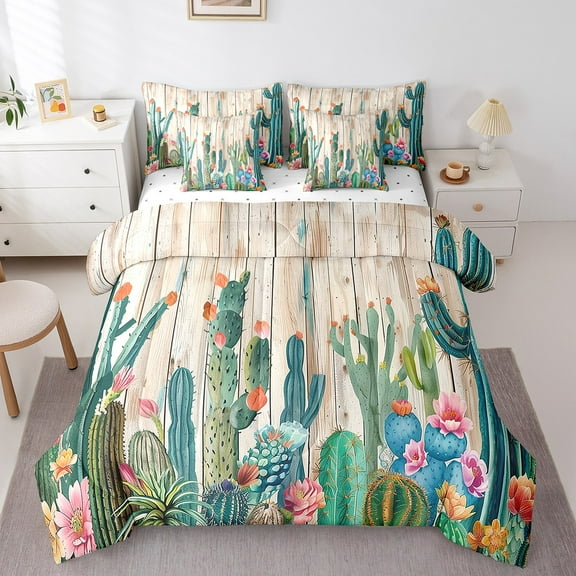 Erosebridal Green Cactus Bedding King Size, Western Plant Bedding Sets King Size, Wooden Plank Reversible Comforter Sets with Sheets, Lightweight Room Decor, 7 Pieces