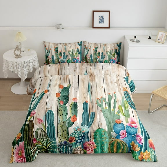 Erosebridal Green Cactus Comforter Sets Full Size, Western Plant Down Comforter, Wooden Plank Reversible Duvet Insert, Lightweight Room Decor, 3 Pieces