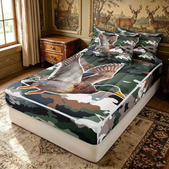Erosebridal Green Camo Mallard Zipper Queen Comforter Set with Fitted Sheet and 2 Pillowcases for Women Men, Flying Duck Wildlife Zipper Bedding Set, Black Reversible, 4-Piece