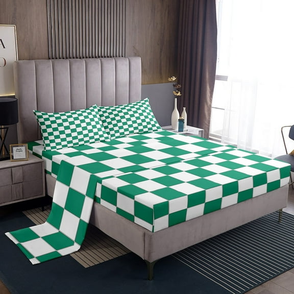 Erosebridal Green Checkered Bedding Full White Emerald Green Checkerboard Sheet Set,Buffalo Plaid Grid Bed Sheets Adults Aesthetic Geometric Gingham Bed Sheet Set 4 Piece