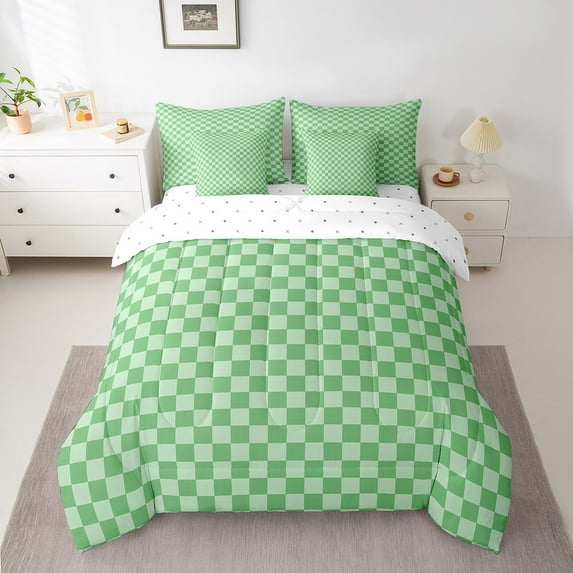 Erosebridal Green Checkered Bedding Sets King Size, Farmhouse Gingham Comforter Sets with Sheets, Vintage Room decor, 7pcs