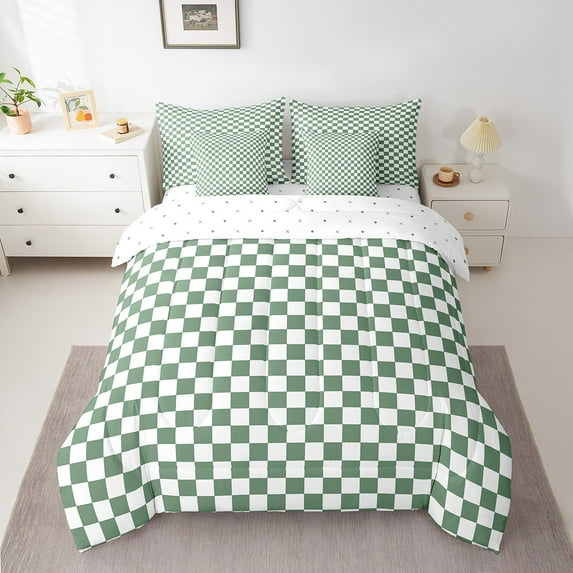 Erosebridal Green Checkered Bedding Twin Size, Farmhouse Gingham Bed in a Bag Twin size, Vintage Room decor, 7-Piece