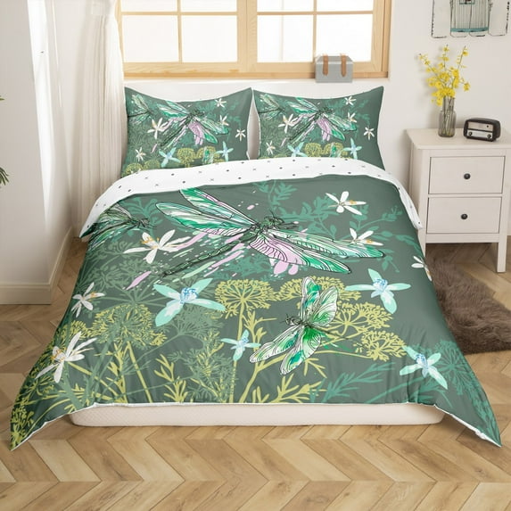 Erosebridal Green Dragonfly Comforter Cover King,Botanical Flower Duvet Cover King,Mother'S Day Gifts Duvet Cover King,Lightweight Floral Bedroom Decoration,Reversible,3-Piece(No Comforter)