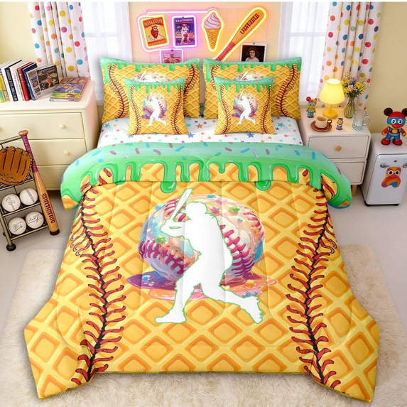 Erosebridal Green Dripping Waffle Baseball Batter & Baseball Graphic Bedding Comforter Set 7-Piece, Baseball Graphic King Bedding Sets for Boys And Girls Kids,Ultra Soft Home Decor