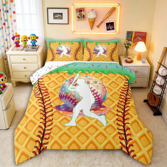 Erosebridal Green Dripping Waffle Baseball Batter & Baseball Graphic Queen Comforter Set 3pcs, Baseball Graphic Bedding Comforter Set for Boys And Girls Kids,Ultra Soft Home Decor