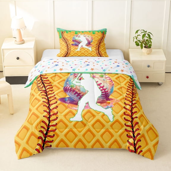 Erosebridal Green Dripping Waffle Baseball Batter & Baseball Graphic Twin Comforter Sets 3-Piece, Baseball Graphic Bedding Set for Boys And Girls Kids,Ultra Soft Home Decor