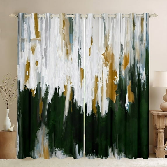 Erosebridal Green Emerald Curtains & Drapes Oil Painting Stripe Blackout Curtains, Brush Marks Contemporary Ombre Curtains Watercolor Graffiti Black Out Curtains, Aesthetic Modern Window Drapes
