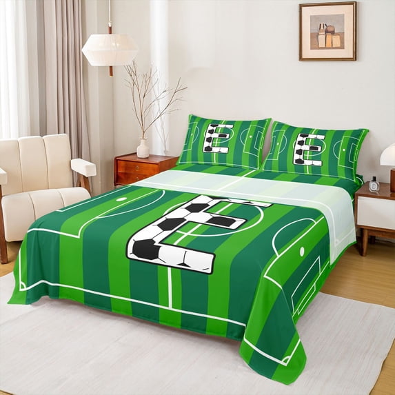 Erosebridal Green Football Court Print Letter E Full Size Sheets,Soccer Ball Games Bed Sheets For Kids Boys 4pcs